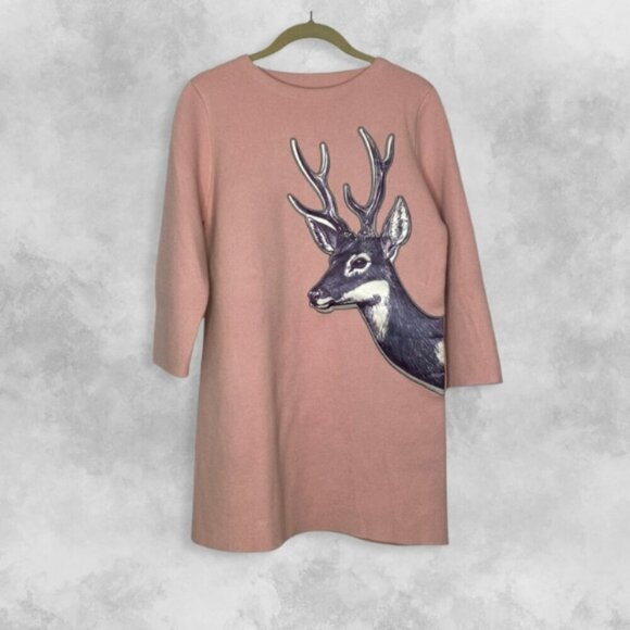 Pink Wool Blend Deer Appliqué 3/4 Sleeve Sweater Cozy Winter Tunic NWOT - Picture 2 of 16